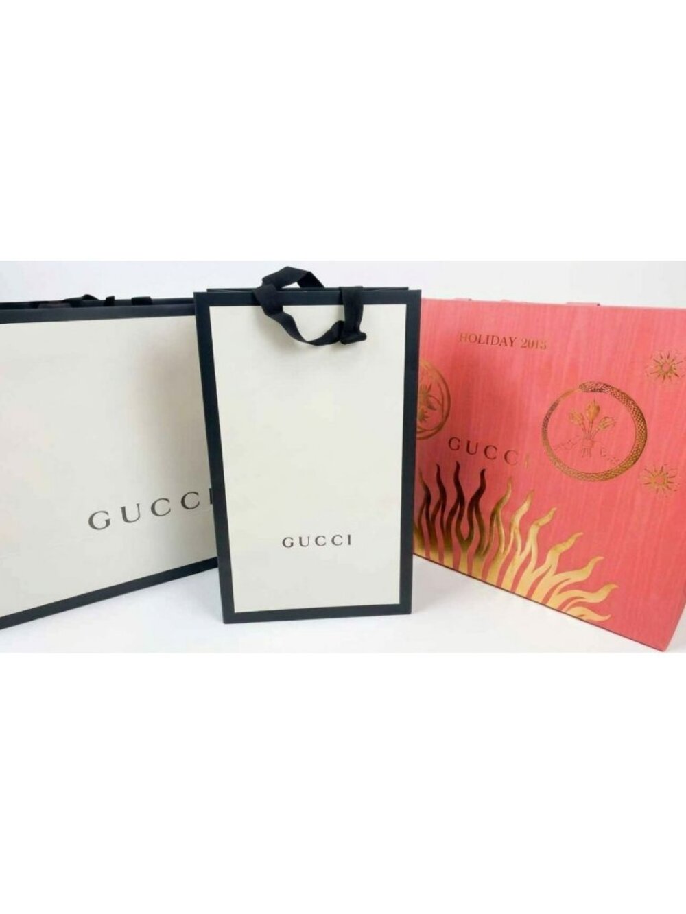 3 Authentic Gucci Shopping Bags Paper Black White Pink Gold Holiday 2018 RARE!